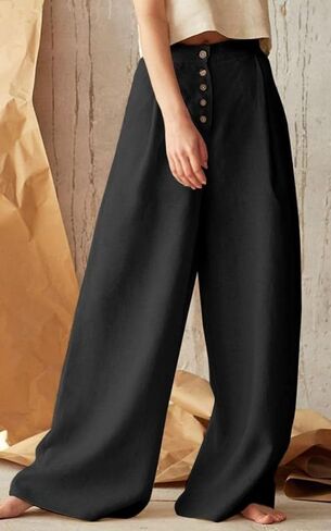 Women's Cotton Linen Pants High Waisted Wide Leg Casual Palazzo Pants Business Work Trousers with Pockets in Kuwait