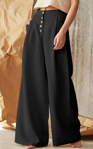 Women's Cotton Linen Pants High Waisted Wide Leg Casual Palazzo Pants Business Work Trousers with Pockets in Kuwait