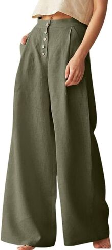 Women's Cotton Linen Pants High Waisted Wide Leg Casual Palazzo Pants Business Work Trousers with Pockets in Kuwait