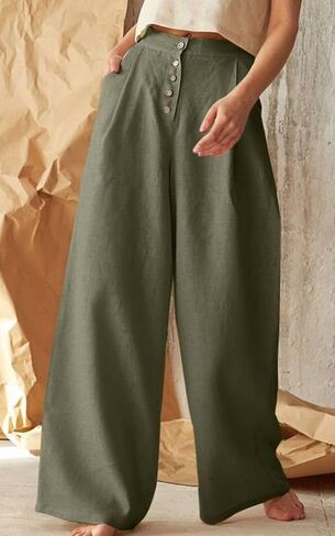 Women's Cotton Linen Pants High Waisted Wide Leg Casual Palazzo Pants Business Work Trousers with Pockets in Kuwait