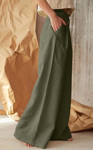 Women's Cotton Linen Pants High Waisted Wide Leg Casual Palazzo Pants Business Work Trousers with Pockets in Kuwait