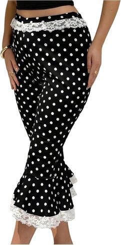 WDIRARA Women's Plus Size Lace Trim Polka Dots Capri Flare Pants High Waisted Bell Bottoms in Saudi Arabia