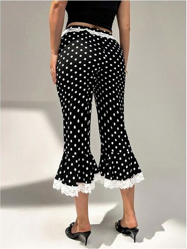 WDIRARA Women's Plus Size Lace Trim Polka Dots Capri Flare Pants High Waisted Bell Bottoms in Saudi Arabia