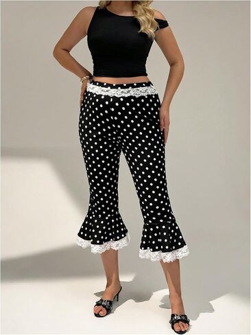 WDIRARA Women's Plus Size Lace Trim Polka Dots Capri Flare Pants High Waisted Bell Bottoms in Saudi Arabia