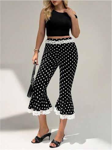 WDIRARA Women's Plus Size Lace Trim Polka Dots Capri Flare Pants High Waisted Bell Bottoms in Saudi Arabia
