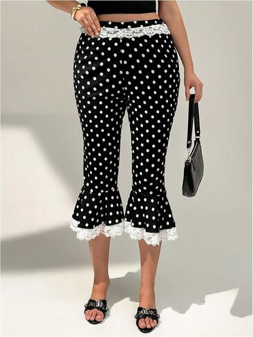 WDIRARA Women's Plus Size Lace Trim Polka Dots Capri Flare Pants High Waisted Bell Bottoms in Saudi Arabia