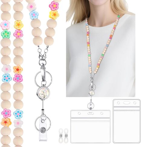 Teacher Lanyard with ID Holder Flower Cute Wooden Beaded Lanyards for ID Badge Holders Retractable Badge Reel Keys Eyeglass Chains for Women in Saudi Arabia
