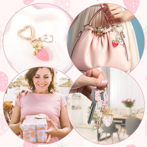 4pcs سلاسل مفاتيح الفراولة لطيف ، سحر كيس الكعك الفراولة سحر الفاكهة مفتاح سلسلة إكسسوارات سحر السحر ديكورز للنساء in Saudi Arabia