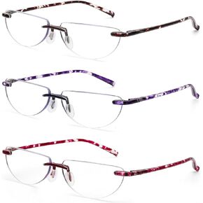 DOOViC 3 Pack Rimless Half Moon Reading Glasses TR90 Lightweight Blue Light Blocking Readers for Women and Men