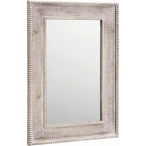 Rustic White Washed Wall Mirror 24X36 inch, Distressed Farmhouse Bathroom Sink Vanity Mirror, Large Wood Frame Beaded Edge Living Room Mirror
