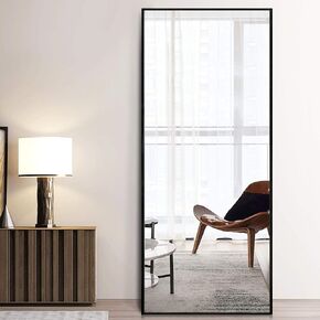 PexFix Full Length Mirror 59" x 20" Wall-Mounted Mirrors Modern Rectangle Aluminum Alloy Frame Floor Mirror with Standing Holder Bedroom Living Room (Black)