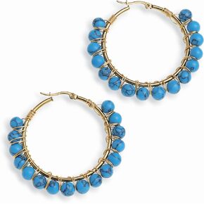 Handmade Natural Stone Beaded Large Gold Chunky Hoop Earrings for Women Girls, Statement Boho Crystal Gemstone Beads Huggie Earrings Hypoallergenic Prom Holiday Jewelry Gift