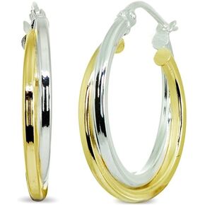 Sterling Silver Two-Tone Double Layer Polished Round Click-Top Hoop Earrings
