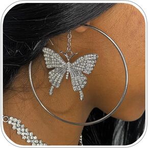 Rhinestone Large Butterfly Hoop Earrings for Women Silver Party Sparkly Statement Earrings Trendy Jewelry