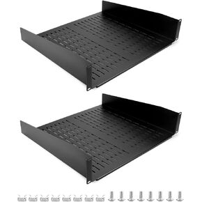 QWORK 2U Vented Cantilever Server Rack Shelf -2 Pcs 16" Deep Universal Tray for 19" Server Racks - Heavy-Duty Cold-Rolled Steel Construction - 50lb Capacity - Networking & A/V Equipment Storage, Black