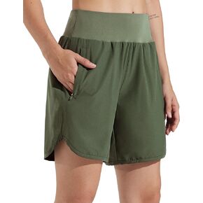 Libin Women's 7" Athletic Running Long Shorts with Liner Quick Dry Gym Sports Workout Shorts with Zipper Pockets, Army Green XXL