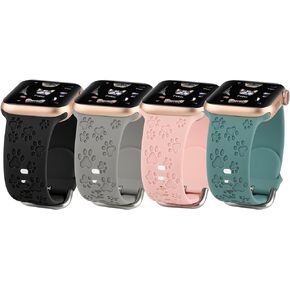 4 Pack Dog Paw Engraved Strap Compatible with Apple Watch Bands 38mm 40mm 41mm 42mm 44mm 45mm, Cute Animal Print Laser Soft Silicone Sport Accessories for iWatch Series 9 8 7 6 5 4 3 2 1 SE
