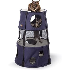 K&H Pet Products Cat Tower Tree Condo للقطط الداخلية، سرير أرجوحة حديث لطيف للقطط، مركز أنشطة منزل القطط والبالغين، ملعب شجرة كهف كبير مخبأ مريح - 3 مستويات من الدنيم 22 × 30 in Kuwait