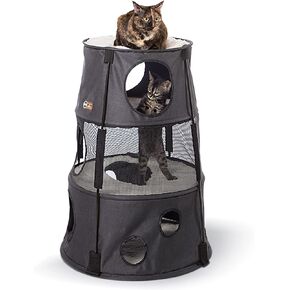 K&H Pet Products Cat Tower Tree Condo for Indoor Cats, Modern Cute Cat Hammock Bed, Kitten & Adult House Activity Center Playground Tree Cave Large Cozy Hideaway - 3 Level Denim 22 X 30