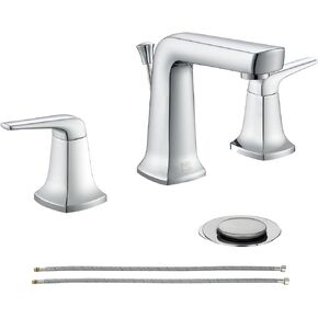8 inch Bathroom Faucet Polished Chrome Widespread Two-Handle Sink Faucet with Lift Metal Pop-up Drain Assembly and 2Pcs 24 inch Water Supply Lines