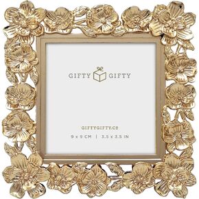 Square Spring Blossom Photo Frame / 3.5x3.5 In | For Vertical Display on Tabletops | Perfect for Home Decor, Wedding, Vacation, Graduation, Or Any Milestone Photos (Gold)