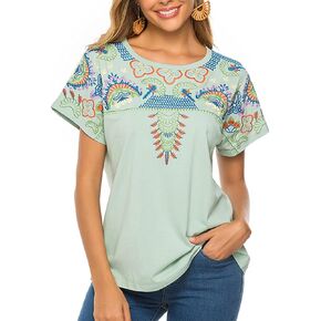 Mexican Embroidered Tops for Women Summer Boho Shirts Peasant Blouses Loose Fitting Bohemian Hippie Tops