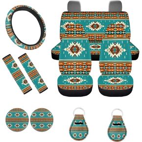 SCRAWLGO Aztec Cow Car Seat Covers Full Set with Steering Wheel Cover+Seat Belt Pads+Cars Coaster+Keychains Universal Fit Front and Rear Bench Protection,11 Pcs Car Accessories for Women Men