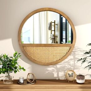 Rattan Round Mirror 24 Inch Wall Mirror for Living Room Decor Wooden Framed Mirror Vintage Hanging Mirror Hand-Woven Mirror for Wall Art Decoration
