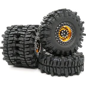 HOBBYSOUL 1.9 Mud Slingers tires 4.72'' / 120mm & Aluminum 1.9 Beadlock Wheels Gold Black for 1/10 Crawler Truck Axial SCX10 Traxxas TRX-4 Redcat Gen8 Tamiay CC01, (4-Pack, Assembled)