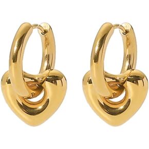 14K Gold Plated Heart Hoop Earrings Removable Hollow Ring and Heart Gold Ring Earrings