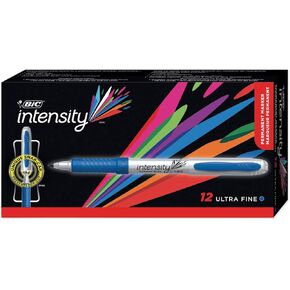 BIC Intensity Blue Permanent Markers, Ultra Fine Point, 12-Count Pack of Blue Markers With Non-Slip Grip for Comfort and Control