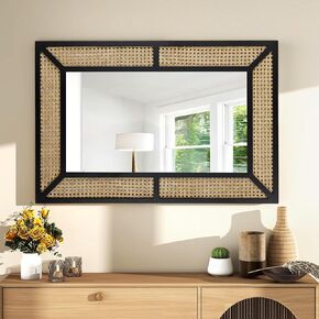 Rattan Mirror for Wall Decor Bohemian Rectangular Large Mirror, Boho Wall Mirror, Woven Wicker Hanging Mirror, 22x35 inches, Black