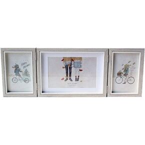 Silver Hinged Folding Three Picture Frame Display 4x6 inch Vertical and 5x7 inch Horizontal Photo or Pictures for Desk Triple Opening Wedding Family Grayish White