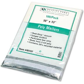 Quality Park Poly Mailer, Redi-Strip, White, 10 x 13, 100 per Box, (46197)