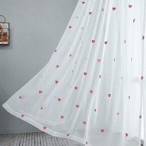 White Sheer Curtain with Pink Heart Embroidery for Girls Bedroom Rod Pocket Window Panel for Princess Teenage Daughter Closet-Sheer Backdrop 1 Panel (W39 x L63inch)