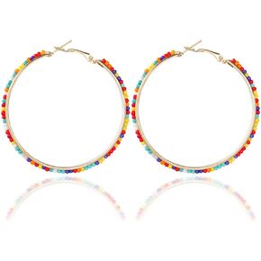 50mm Bohemian Colorful Beaded Hoop Earrings for Women - Rainbow Beads Circle Hoop Earrings Jewelry