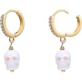 Pearl Huggie Earrings，Gothic Skull skeleton 14k Gold 925 Sterling Silver Drop Dangle Huggie Hoop Statement Earrings, Trendy Dangle Hoop Earrings