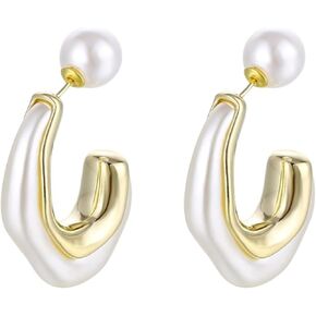 Acrylic Resin Pearl Hoop Earrings For Women Sterling Silver Pearl Drop Earrings Chunky Hoop Dangle Earring