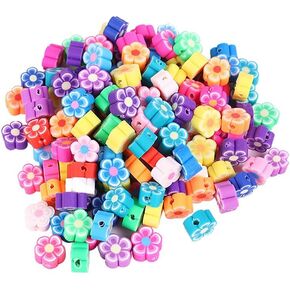 GSHLLO 200 Pcs Colorful Mixed Clay Beads Handmade Jewelry Loose Beads Polymer Clay Charms Flat Spacer Beads Necklace Earring Making Beads with Hole for DIY Crafts Flower