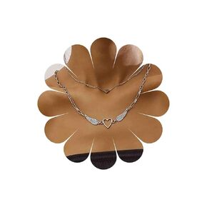 Boho Layered Heart Necklace Hollow Heart Choker Necklace Angel Wings Pendant Necklace Silver Paperclip Chain Necklace Jewelry for Women and Girls