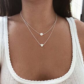 Boho Layered Pearl Heart Necklace Vintage Pearl Choker Necklace Silver Love Heart Necklace Freshwater Cutrued Pearl Necklace Jewelry for Women and Girls
