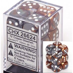 Gemini 16mm d6 Copper-Steel w/white Dice Block 12 pipped dice