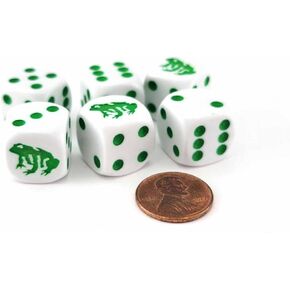 Set of 6 Frog 16mm D6 Round Edged Koplow Animal Dice - White with Green Pips