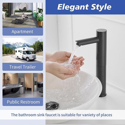 Touchless Vessel Sink Faucet Automatic Sensor Bathroom Faucet Hands Free Smart Commercial Touchless Bathroom Sink Faucet with Control Box and Temperature Mixer, Black in Saudi Arabia