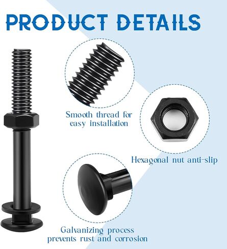 Zonon Carriage Bolt Kit مجموعة مسامير النقل المجلفنة تتضمن غسالات وصواميل مقاومة للصدأ لملحقات التثبيت (12 مجموعة، أسود، 3/8 × 6 بوصة) in Kuwait