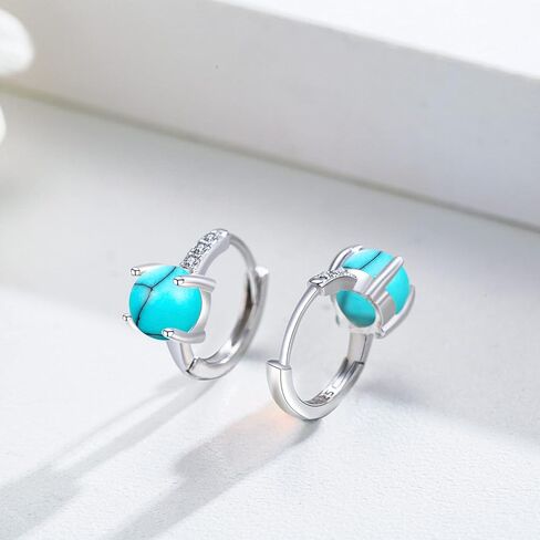 Gemstone Hinged Hoop Earrings S925 Sterling Silver Moonstone/Turquoise/Gemstone/Malachite Hoop Earrings Solitaire Small Round Huggie Hoop Earrings for Women Teen Girls in Saudi Arabia