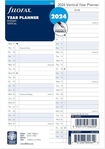 Filofax Calendar Diary Refill, A5 Size, Vertical Year Planner, White Paper, English, 2024 (C68501-24) in Saudi Arabia