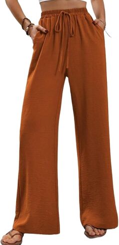 Sulozom Womens Wide Leg Pants High Waisted Flowy Palazzo Work Casuals Lounge Boho Beach Pants with Pockets in Saudi Arabia