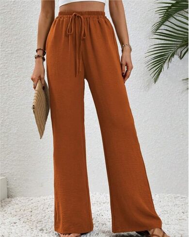 Sulozom Womens Wide Leg Pants High Waisted Flowy Palazzo Work Casuals Lounge Boho Beach Pants with Pockets in Saudi Arabia