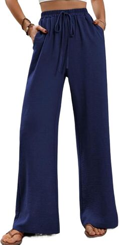 Sulozom Womens Wide Leg Pants High Waisted Flowy Palazzo Work Casuals Lounge Boho Beach Pants with Pockets in Saudi Arabia